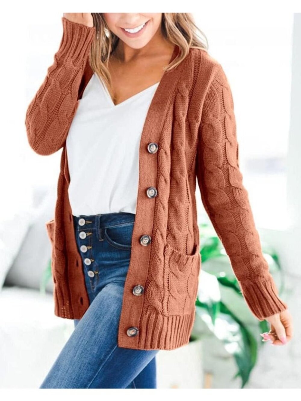 Women's Orange Cardigan Long Sleeve Open Front Button Down Knitwear Sweater - Picture 3 of 6